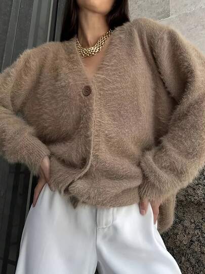 Women's Autumn/Winter Mink Cashmere Cardigan, Solid Color Long Sleeve V-Neck Soft Fluffy Texture Elegant Casual Fashion Comfortable Cardigan, Back To School, Y2K, Old Money, Streetwear
