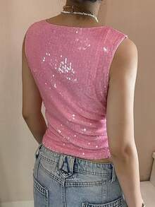 Women Teen Girls Y2K Pearl Starfish Vest Cute Sequin Sleeveless Slim Fit Tank Top Summer Sea Star Shiny Glitter Sparkly Beach Cami Top Streetwear - 粉色 - 查看 3