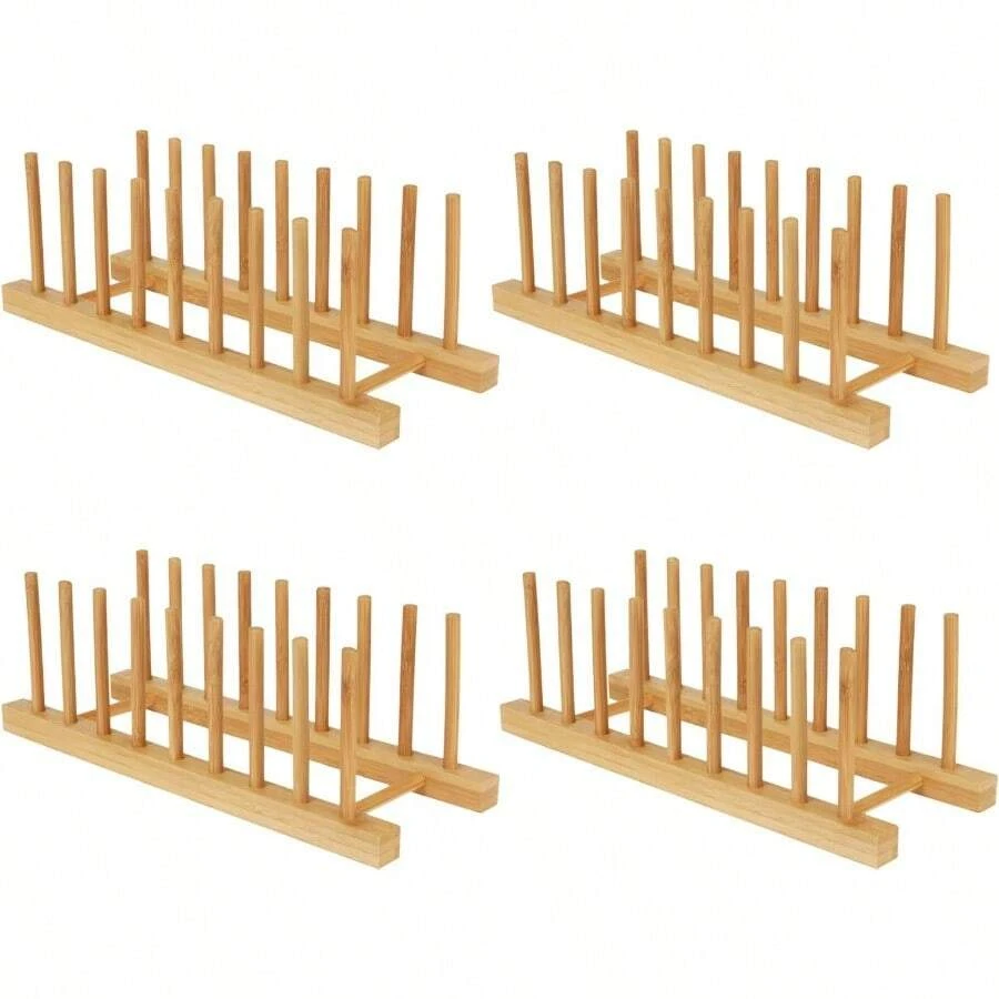 Bamboo Dish Drying Rack Kitchen Cabinet Organizer Plate Pot Lid Organizer Wooden Drying Rack Stand Drainer For Dish Pots Lids Bowls Cups And Cutting Boards And Books 4PCS - 天然木材 - 查看 1