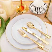 Festiva Juego De 176 Platos De Plastico Blanco Y Dorado Color Blanco Con Borde Dorado 25 Invitados Incluye Platos Tazas Cubiertos Servilletas Para Fiesta De Año Nuevo Boda Y Pascua - Redondodorado - View 7