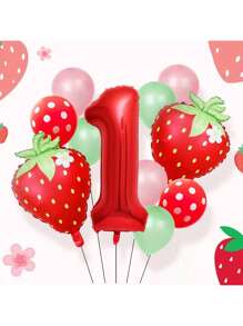 18 piezas Decoraciones de fiesta de cumpleaños con estampado de fresas, incluye globos numéricos rojos de 32 pulgadas del 0 al 9, globos con forma de fresa, globos con puntos verdes y rosas, adecuados para la decoración de la primera fiesta de cumpleaños con tema de fresas, fiesta de cumpleaños, fiesta con tema de bayas, fiesta de baby shower, suministros para fiestas con tema de fresas