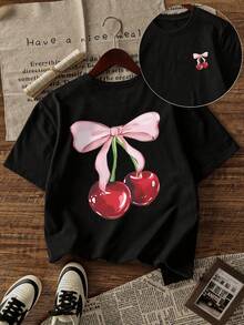 一套女童樱桃蝴蝶结图案圆领短袖T恤和休闲连衣裙,非常适合学生和青少年女孩夏季穿着。 - 黑色 - 查看 5