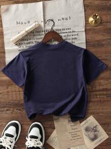 Boys & Teen Students' Casual Printed Navy Crew Neck Short Sleeve T-Shirt, Summer Top