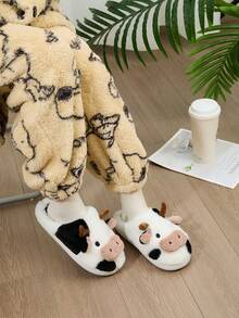 Cute Cow Print Closed-Back Slippers, Soft & Plush, Fashionable & Warm, Suitable For Women, Students, Home Use In Winter - Black and White - View 4
