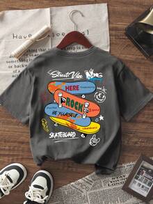 1 件青少年男孩深灰色滑板印花短袖套头 T 恤，适合年轻学生，青少年男孩夏季上衣