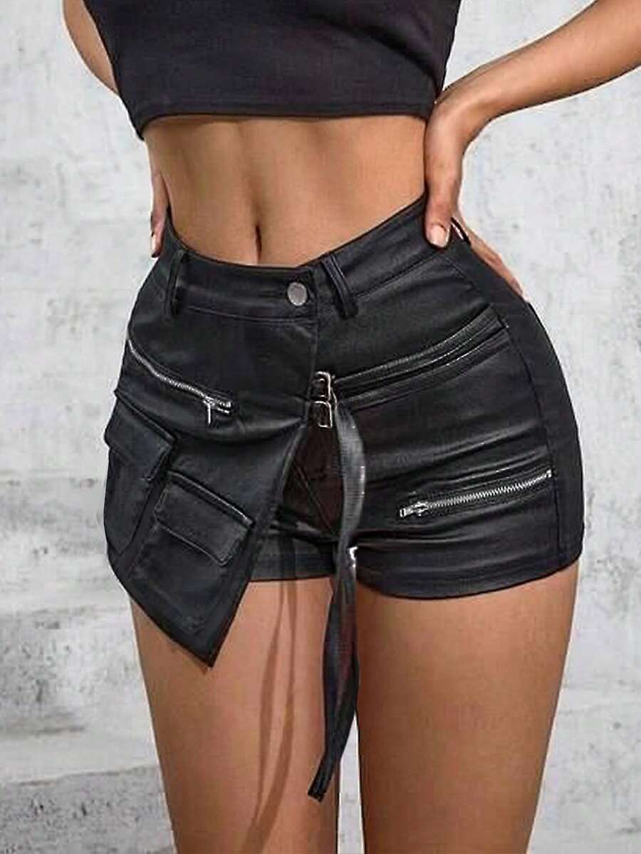 Váy quần nữ dáng xòe bất đối xứng, phong cách đường phố, gợi cảm, chất liệu da PU, thắt dây, ôm sát, kiểu mini, phong cách Y2K, cạp chồng chéo, vạt bất đối xứng, co giãn, dáng chữ A, chất liệu da PU, thích hợp cho các buổi hòa nhạc, lễ hội âm nhạc, ngày lễ Thánh Patrick, màu đen thanh lịch, mùa xuân. - màu đen - Xem 1