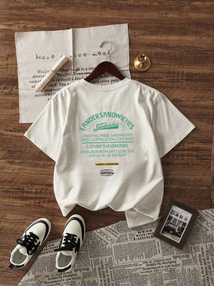 Oversized Retro American Style Women T-Shirt, Vintage Lander Sandwich Graphic Print, Casual Loose Dropped Shoulder Beige T-Shirt, Street Style Loose Summer Top, Interesting Printed Text Tee - Light Grey - View 4