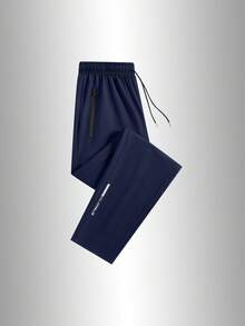 1 pieza de pantalones casuales de otoño e invierno para hombres, tela suave y cómoda, con pierna reflectante y bolsillo con cremallera, adecuado para correr, entrenamiento diario y salidas de ocio en primavera - Azul Marino - Ver 3