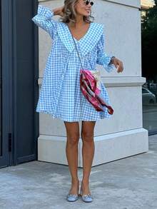 Plus Size Blue & White Plaid A-Line Mini Skirt, Ruffle Trim Detail, Deep V-Neck, Flared Sleeves, Woven Fabric, Pleated Ruffle Hem, Perfect For Picnics - Blue and White Checkered - View 1