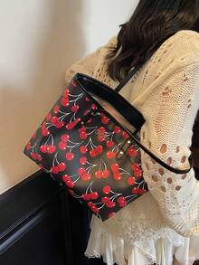 New Cute Cherry Pattern PU Tote Bag, Waterproof Design, Fashionable Large Capacity Shoulder Bag, Suitable For Women's Daily Use, School, Commuting - Black - View 9