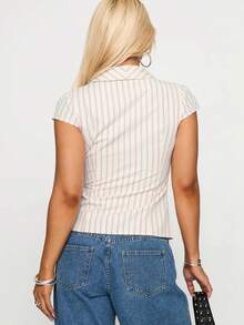 Women Stripe Print Shirt, Short Sleeve Lapel V-Neck Button Closure Slim Fit Summer Tops Streetwear - 白色 - 查看 3