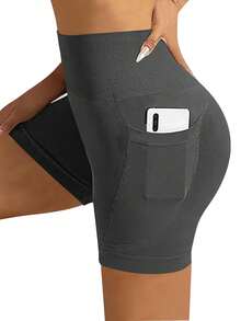 Three-Piece Set Of Plus-Size Women's Cinched Shorts With Pockets. The Nude And Lightweight Cycling High-Waisted Shorts Are Suitable For Fitness, Running And Sports - Đen+Xám+Nâu - Xem 6