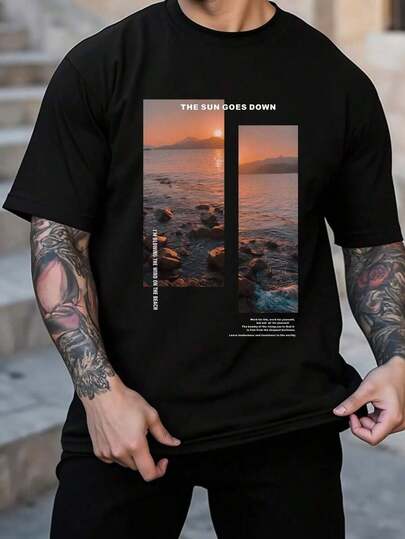 Coconut Tree Illustrated Print,Personalized Outdoor Casual Top Men Tee T Shirt For Man Simple T Shirts For Men T Shirts Men's Printed Tshirts Men,Manfinity Homme Comfort Men's T-Shirt