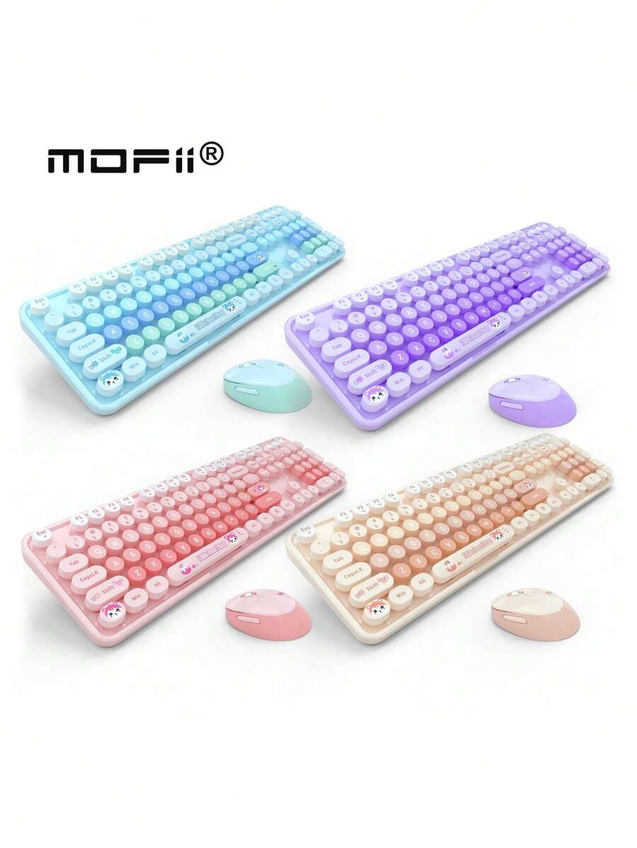 MOFII Conjunto de Teclado y Ratón Inalámbrico Silencioso con Degradado Dulce de Colores Mixtos Teclas Redondas Retro 2.4G 3000DPI Teclado Numérico Completo Estilo Femenino para Oficina Compatible con Windows Baterías Excluidas