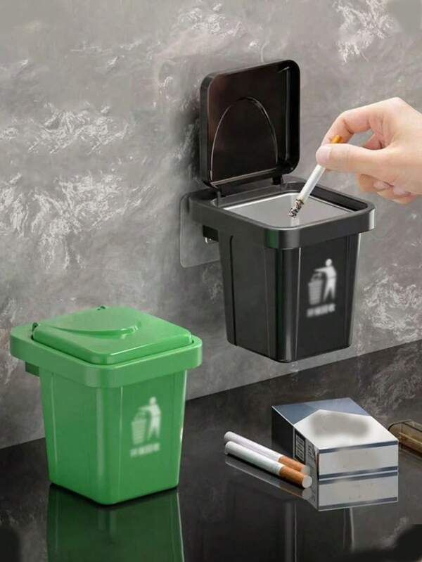1 Pc Trash Bin Ashtray, A Creative Combination Of Trash Can And Ashtray, Wall Mounted Personalized Non-Perforated Bathroom Cover Smoking Device Suitable For Bathroom, Home, Daily And Festival Use.