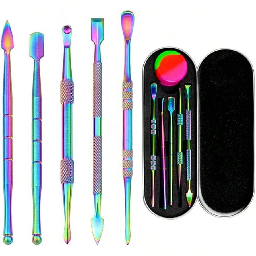 6 Pieces Wax Carving Tool Set, Double-Ended Carving Tool Stainless Steel Wax Sculpting Tools With 5ml Silicone Container Jar And Portable Metal Case For Wax Oil Clay Pottery, Rainbow Color - Rainbow - View 1