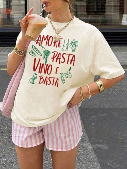 Camiseta de cuello redondo de manga corta con gráfico de alfabeto para mujer, estilo casual y versátil para vacaciones, prenda de vestir de verano a la moda para uso diario en vacaciones