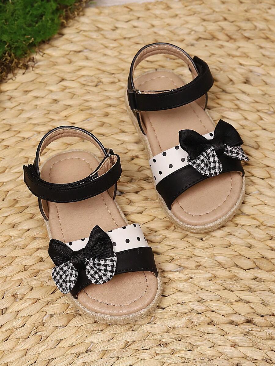 Neue Mädchen Schleife Patchwork Polka Punkt Muster flache süße niedliche Leinen Sohle Sandalen, geeignet für den Sommer - Schwarz - Übersicht 1