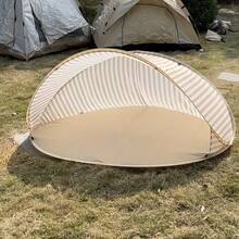 2-Person Quick Setup Beach Tent Sun Shelter - Portable No Assembly Required Striped Beige & White Canopy, All-Season Outdoor Shade For Camping, Picnics, Holidays, Beach Tents For Camping, Picnic Essentials, Easy Setup Tent, Durable Fabric, Sturdy Construction,Portable Shelter,Outdoor Enthusiasts - Brown - View 5