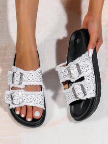 女士夏季沙滩度假凉鞋，户外休闲拖鞋，居家防滑鞋，复古牛仔布旅游鞋，流苏帆布一脚蹬双扣凉鞋