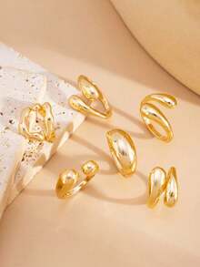 6pcs/Set Vintage Minimalist Alloy Molten Lava Teardrop Design Open Rings, Asymmetrical Fashionable Thick Metal Gold Tone Ring Set.Suitable For Women's Daily Commute,Perfect Gift For Birthdays, Holiday Gifts, And Parties. Suitable For Daily Wear And Holiday Celebrations, Suitable For All Seasons, And Is An Ideal Choice For Holiday Accessories. - 金黃色 - 查看 4