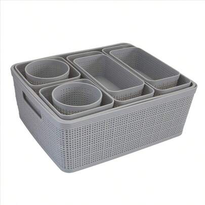 10 Piece Organizing Set Multiple Size Bins Multipurpose Office Desk Dorm Bathroom Storage Basket Small Items Accories Grey