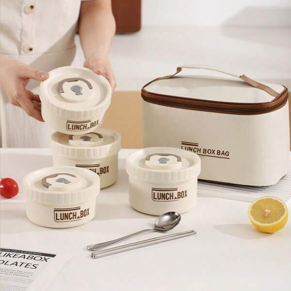 304 Stainless Steel Insulated Lunch Box With Carrying Bag And Utensils, Leak-Proof And Airtight Meal Prep Container Set, Material - Easy To Carry, Suitable For Adults And Teens, Office Workers And Students, Applicable For School, Office, Outdoor Camping And Home Use, Microwave Safe