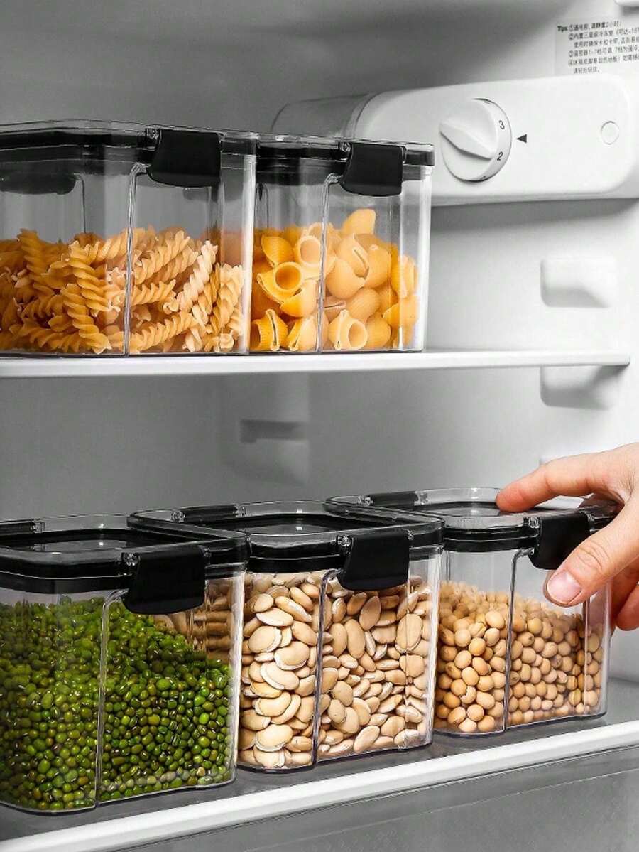 With Lid Food Storage Container, Transparent Plastic Airtight Food Canister, Moisture Proof Transparent Airtight Preservation Box, Suitable For Grains, Rice, Pasta, Tea, Nuts And Coffee Beans, Plastic Food Preservation Jar, Household Kitchen Supplies