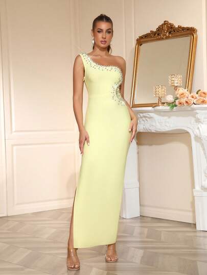 FEELAIR New Sexy Asymmetrical Neck One Shoulder Sleeveless Rhinestone Embellished Fitted Women Long Backless Bodycon Evening Dress For Ladies Party, Wedding, Birthday Formal Gown