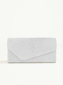 Silver Glitter Clutch Bag, Shiny Pleated Shoulder Chain Evening Bag For Women, Party & Date Small Purse