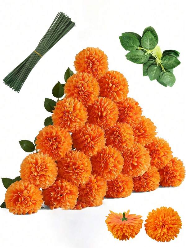 5 pièces/set Boules de chrysanthèmes artificielles orange avec tiges de feuilles de roses et d'hortensias en soie. Bouquet de mariée pour Halloween, la récolte, les fêtes, la décoration de la maison, du jardin, du bureau et l'automne