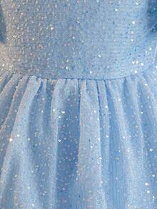 Vestido de princesa con mangas abullonadas con lentejuelas y volumen para niñas, vestido formal de alta gama con flores y tul voluminoso para niña de las flores y actuaciones - Azul - Ver 6