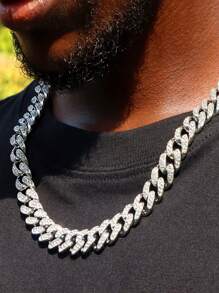HipHop Men Women 13MM Prong Cuban Link Chain Necklace Bling Iced Out 2 Row Rhinestone Paved Miami Rhombus Cuban Necklace Jewelry