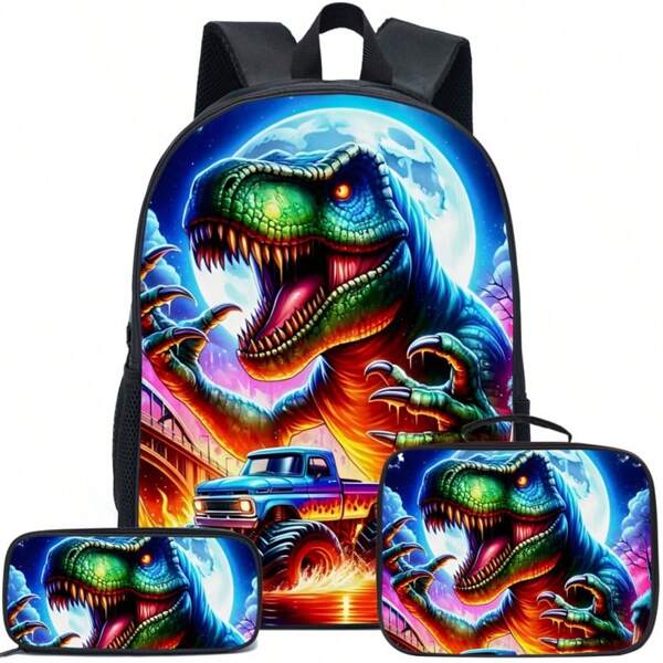 Set de 3 piezas: mochila con tema de unicornio/dinosaurio/vehículo, caja de almuerzo, estuche y bolsa de almacenamiento - Durable poliéster, ligero, colores mezclados de moda