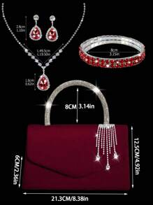 Nuevo bolso de noche elegante y de moda, bolso de fiesta brillante con rhinestones, bolso de mujer con colgante de rhinestones exquisito, set de 3 piezas con collar, aretes y pulsera de rhinestones brillantes, adecuado para fiestas, banquetes y bailes