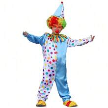 一套适合男孩和女孩的小丑套装，儿童小丑服装，儿童连体衣角色扮演服装（注意：包括帽子/连体衣，不包括道具假发/塑料眼镜/红鼻子/鞋子） - 淺藍色 - 查看 3