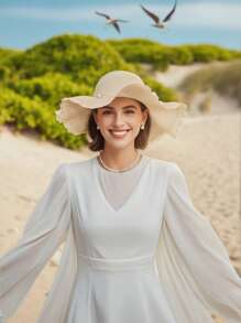 1 Peça Chapéu de Palha Cáqui para Praia Feminino, Dobrável, Detalhes em Contas, Boho-Chique & Elegante, Aba Larga, Proteção Solar de Verão