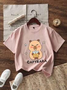 3pcs/Set Tween Girls Capybara Print Crew Neck T-Shirt, Summer Tops - Black - View 4