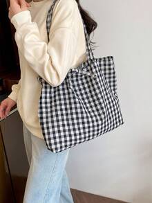 DAZY 夏季户外旅行包，度假沙滩包，时尚格纹单肩大包，休闲单肩托特包，旅行包，拼色格纹手提包，购物袋，百搭通勤包 - 彩色 - 查看 4