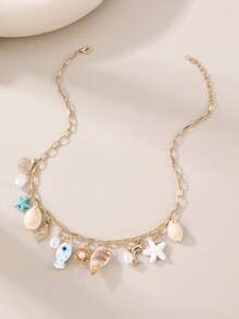 1pc Girls Seashell, Starfish & Pearl Beaded Necklace, Holiday & Daily Wear Decor - Multicolor - View 1