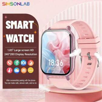 SIMSONLAB 2025 年热门女士智能手表，1.83 英寸 TFT 彩色屏幕，支持信息提醒和通话功能（接听/拨打电话），健身追踪器支持多种运动模式，时尚智能手表，带多语言/音乐播放器/可定制表盘，礼物
