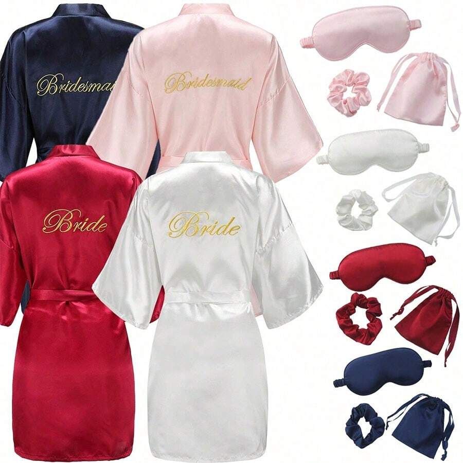 Set de regalo para la novia de 4 piezas de seda: bata de novia/dama de honor, máscara para dormir de satén, diadema para novia y bolsillo, bata de novia de satén para uso en el día de la boda y eventos nupciales