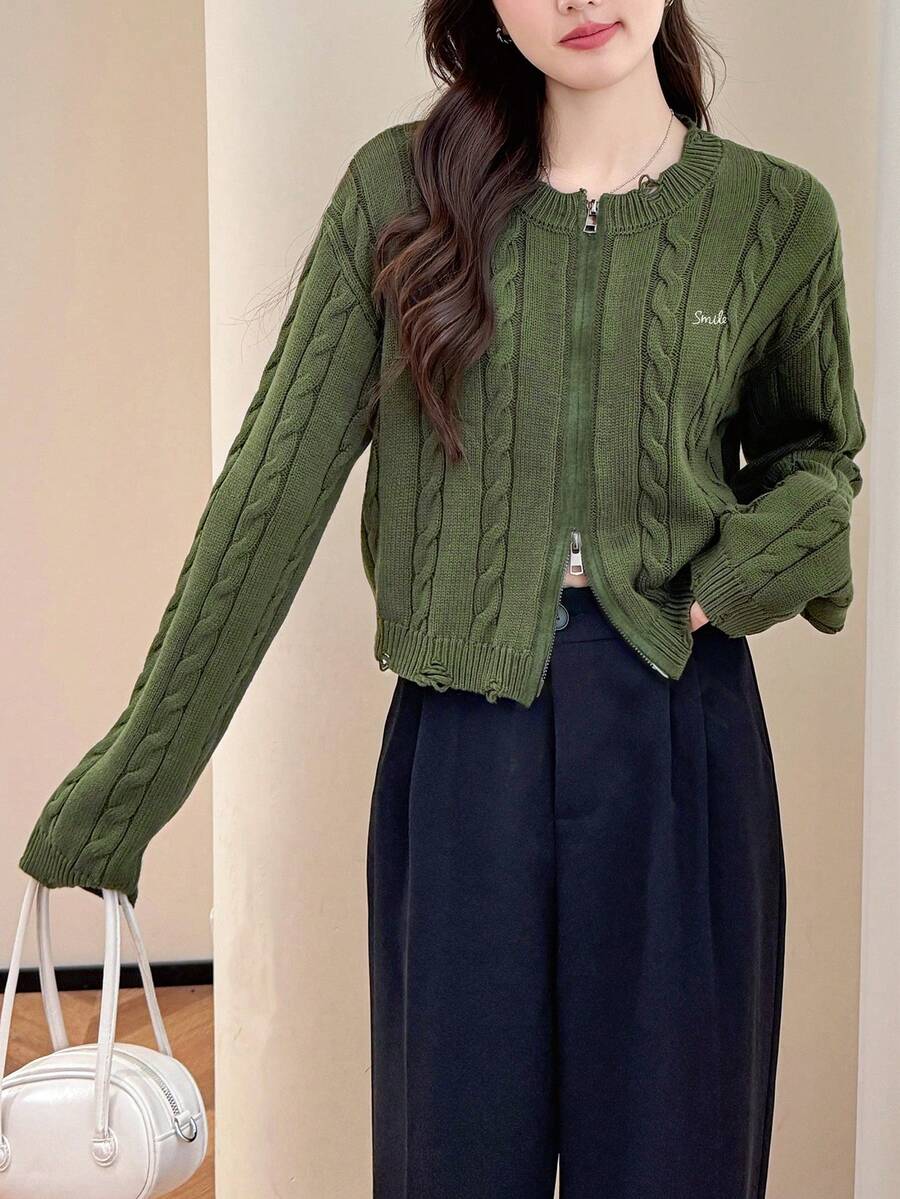 女士休闲麻花针织圆领拉链开衫，秋冬款 - 綠色 - 查看 1