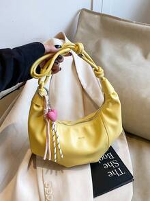 1pc Plain Color PU Shoulder Bag, Large Capacity Crescent-Shaped Handbag, Suitable For Adult Women, Fashion Outfit, Outdoor Shopping - Yellow - View 7