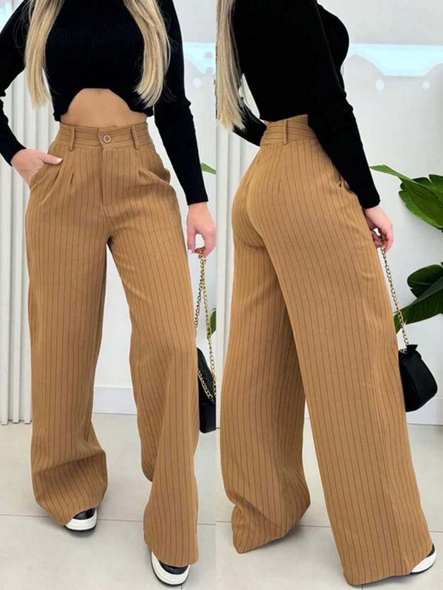 Women's Tailored Wide Leg Trousers, High Waist With Pocket, Chalk - 鏽棕色 - 查看 1