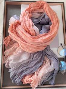 1pc Women Long Lightweight Ombre Linen-Look Scarf, Soft Breathable Pleated Shawl Wrap, Fashionable For Daily Outfits, Beach, Travel And Sun Protection