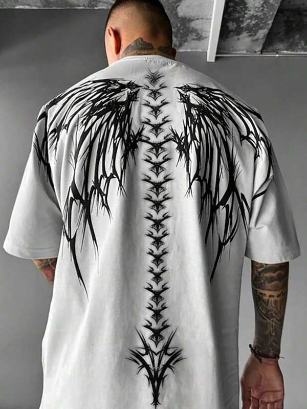 Plus Size Men's Demon Skeleton Wing Graphic Round Neck Short Sleeve T-Shirt