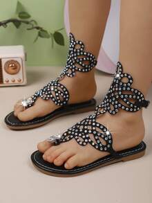 1 Pair Shiny Fashion New Summer Chinese Knot Design Girls' Rhinestone Decor Flat Sandals, Suitable For Children Aged 3-15 Years Old For Outdoor, Travel, Beach, Party & Performance - Black - View 2