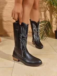 Botas vaqueras occidentales bordado para mujer, Marrón Maillard, botas con tacón ancho bajo, de caña alta, fashionistas, estilo punk rock Chelsea