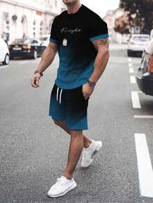 Camiseta De Tirantes Y Pantalones Cortos Con Estampado Para Hombres,Traje Deportivo Y Chándal - Azul Marino - Ver 1